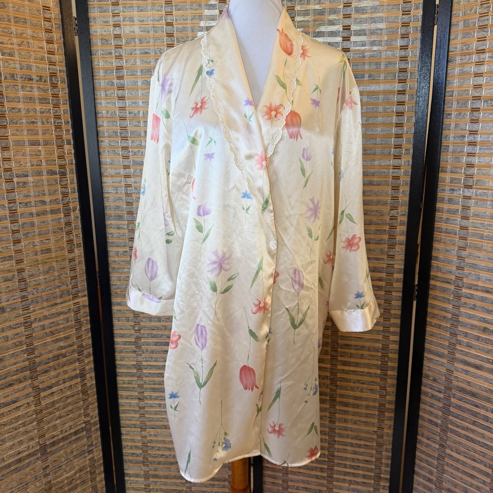 Erika Taylor Intimates Robe Womens Medium Ivory Floral Satin Lace Trim Sleepwear